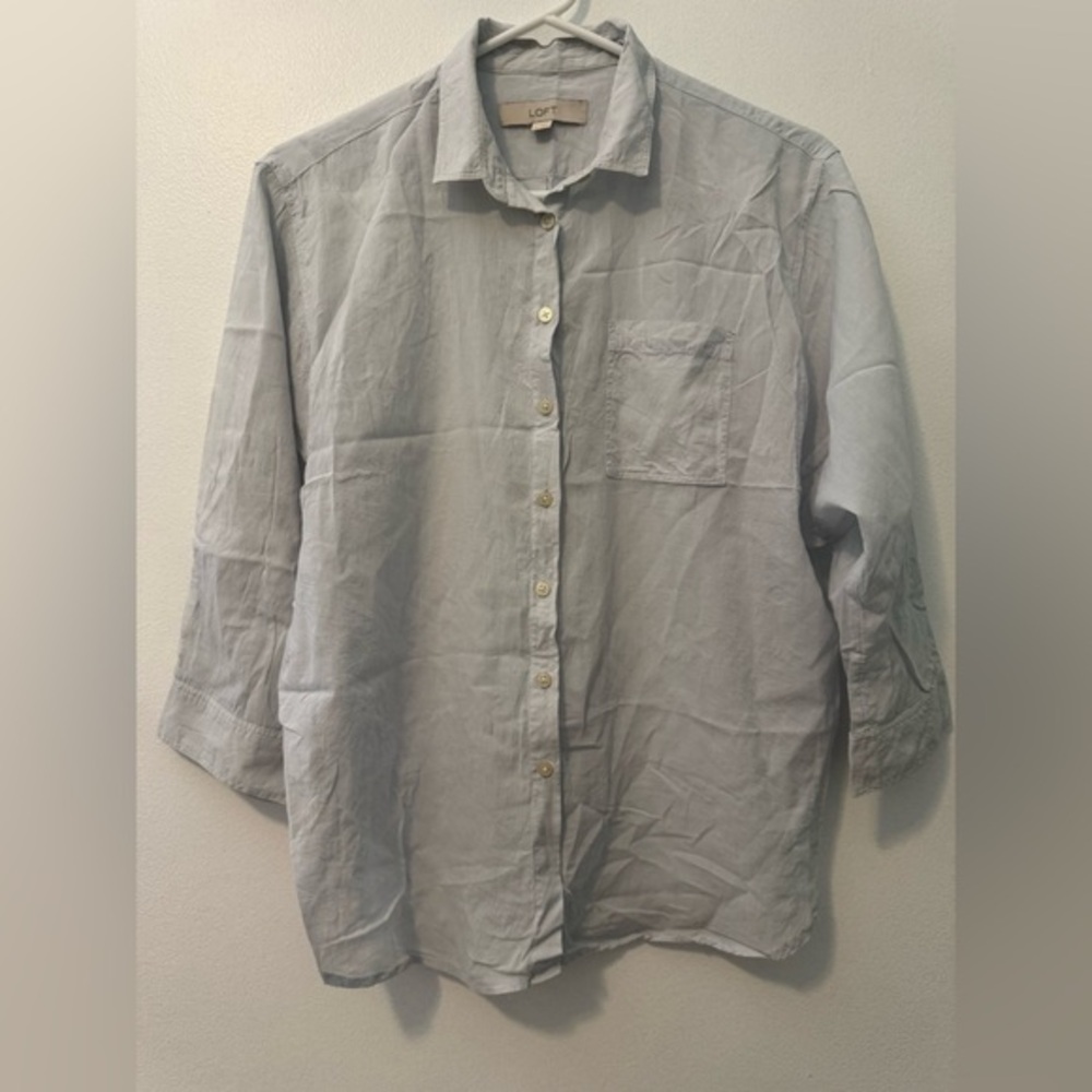 LOFT Light Blue Casual Button Down Shirt with Relaxed Fit